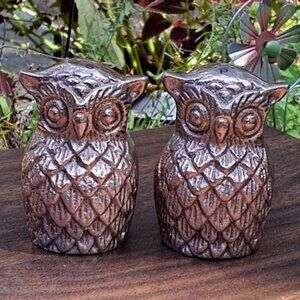 Gorgeous Mid Century Modern Vintage Pewter/Metal Owl Salt & Pepper Shakers